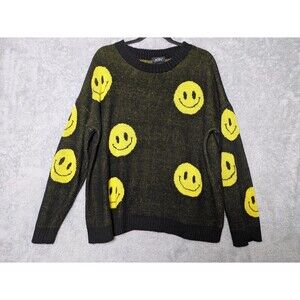 Black Yellow Smiley Face Emoji Knit Sweater Size Large Just Polly
